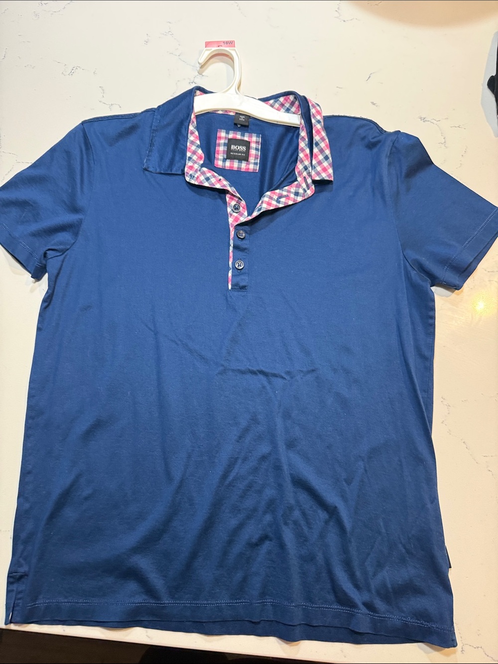 Hugo BOSS Navy Polo with Pink-Checked Collar